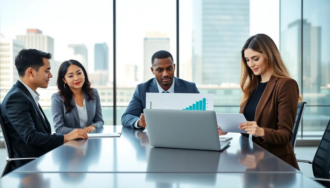diverse professionals discussing business around a conference table.
